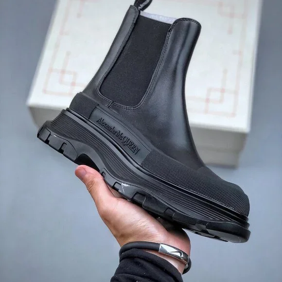 Alexander McQueen Tread Slick Chelsea Boot Leather Triple Black